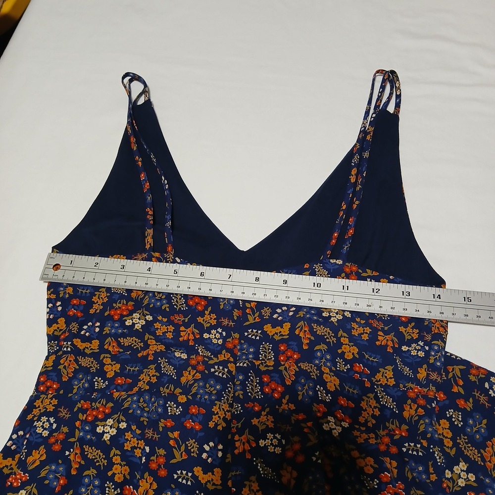 Madewell Floral V-Neck Jumpsuit Navy Blue Orange Wide Leg Double Strap Size 0 - Picture 7 of 10